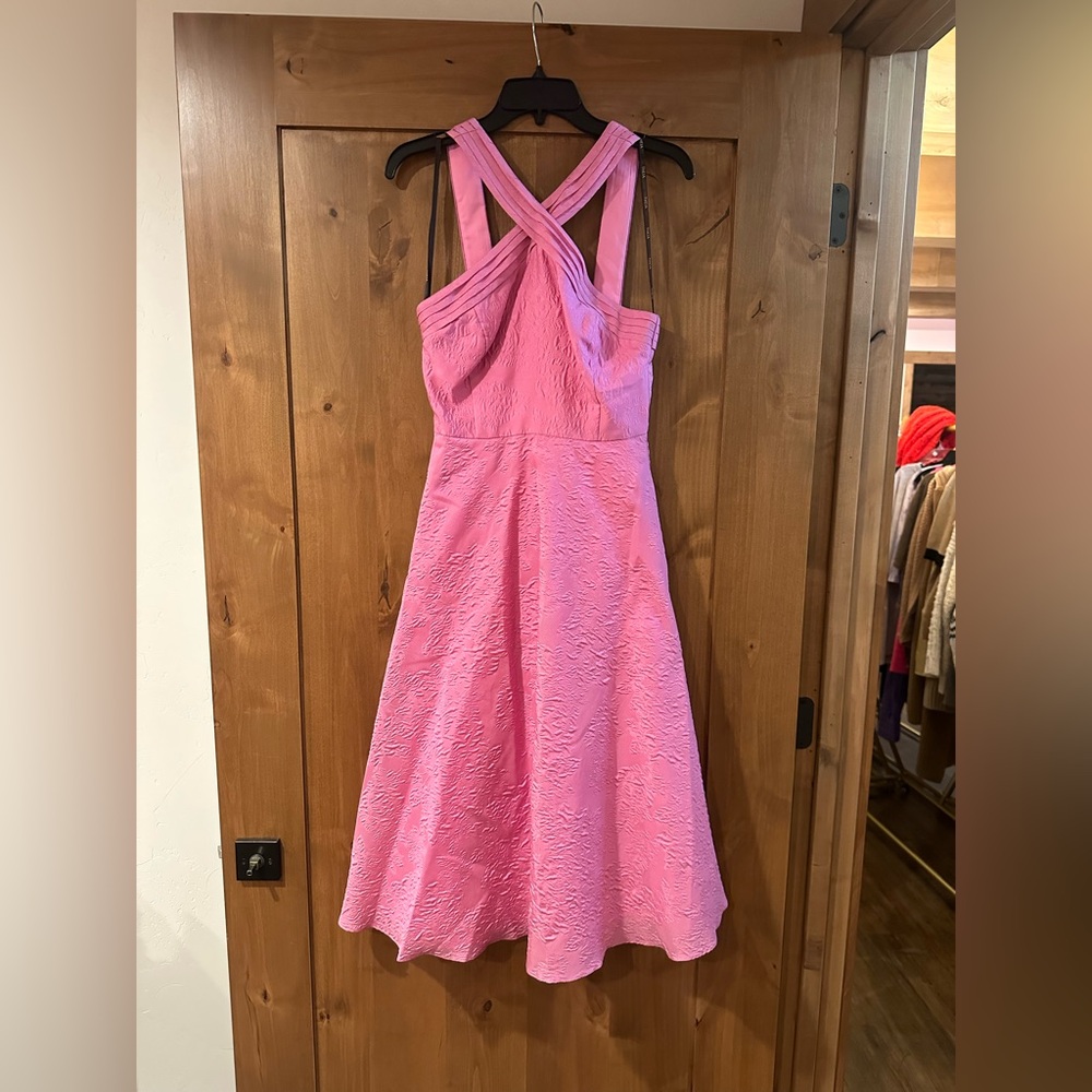 Theia Pink Textured Crossback Fit-and-Flare Dress